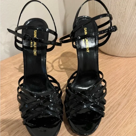 Saint Laurent Black Patent Strappy Platform Heels - Picture 16 of 16